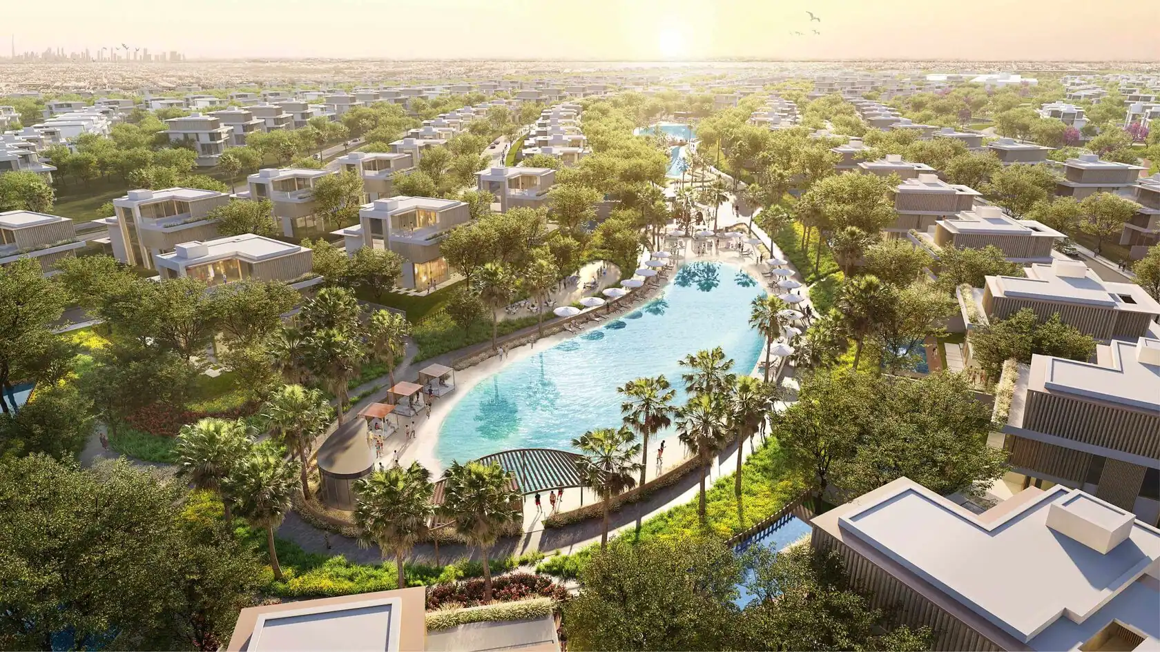 Exterior view of charming villa community at Nad Al Sheba Gardens with lush gardens